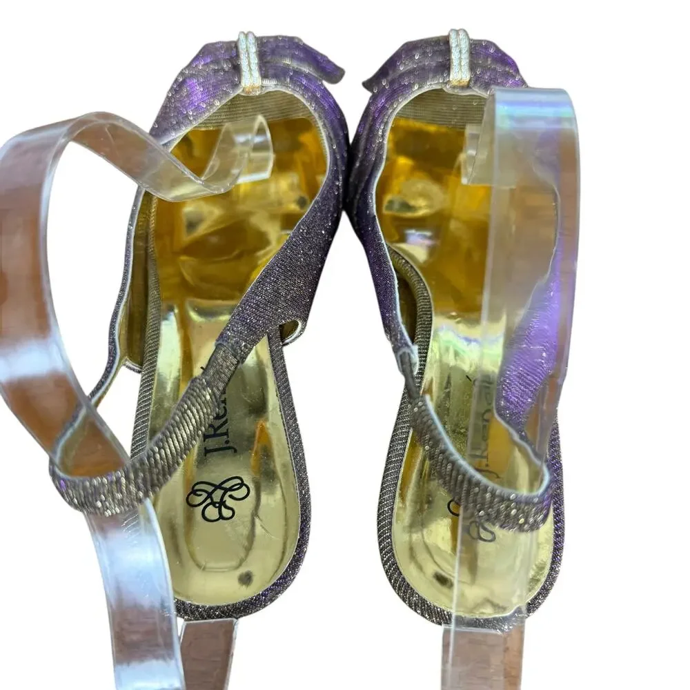 J Renee Metallic Gold Purple Slingback Peep Toe Heels Shoes Leather Sole sz 11